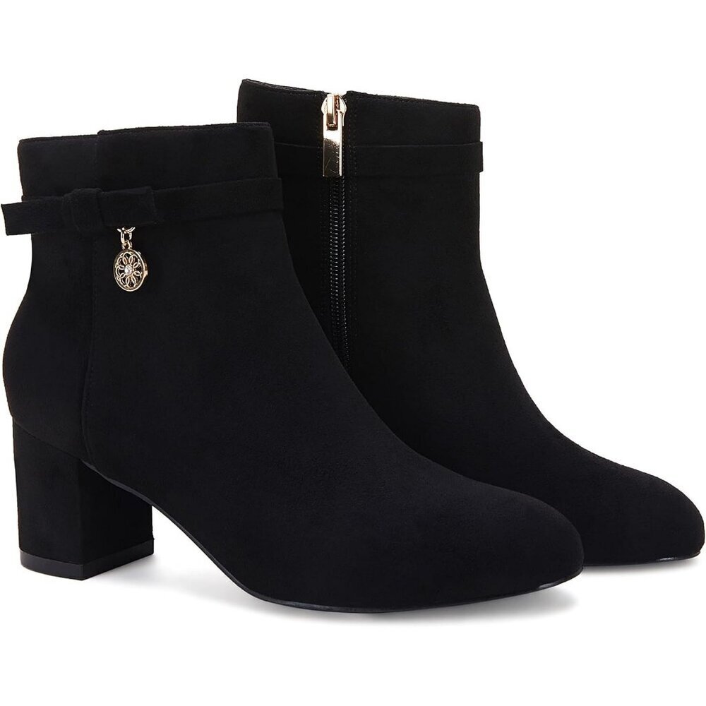 Women’s Black Vintage Chunky Block Low Heel Boots Tie Knot Zipper Booties